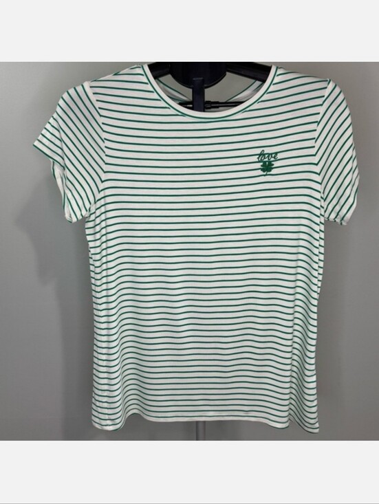 brit.ny Tops - BRIT. NY Striped Green Crewneck Tee with 'Love' 4 leaf clover Embroidery Size S